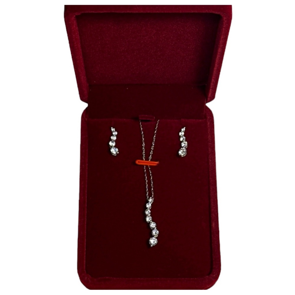 10KT SOLID WHITE GOLD JOURNEY PENDANT & EARRINGS & 18” NECKLACE CZ “DIAMOND” SET